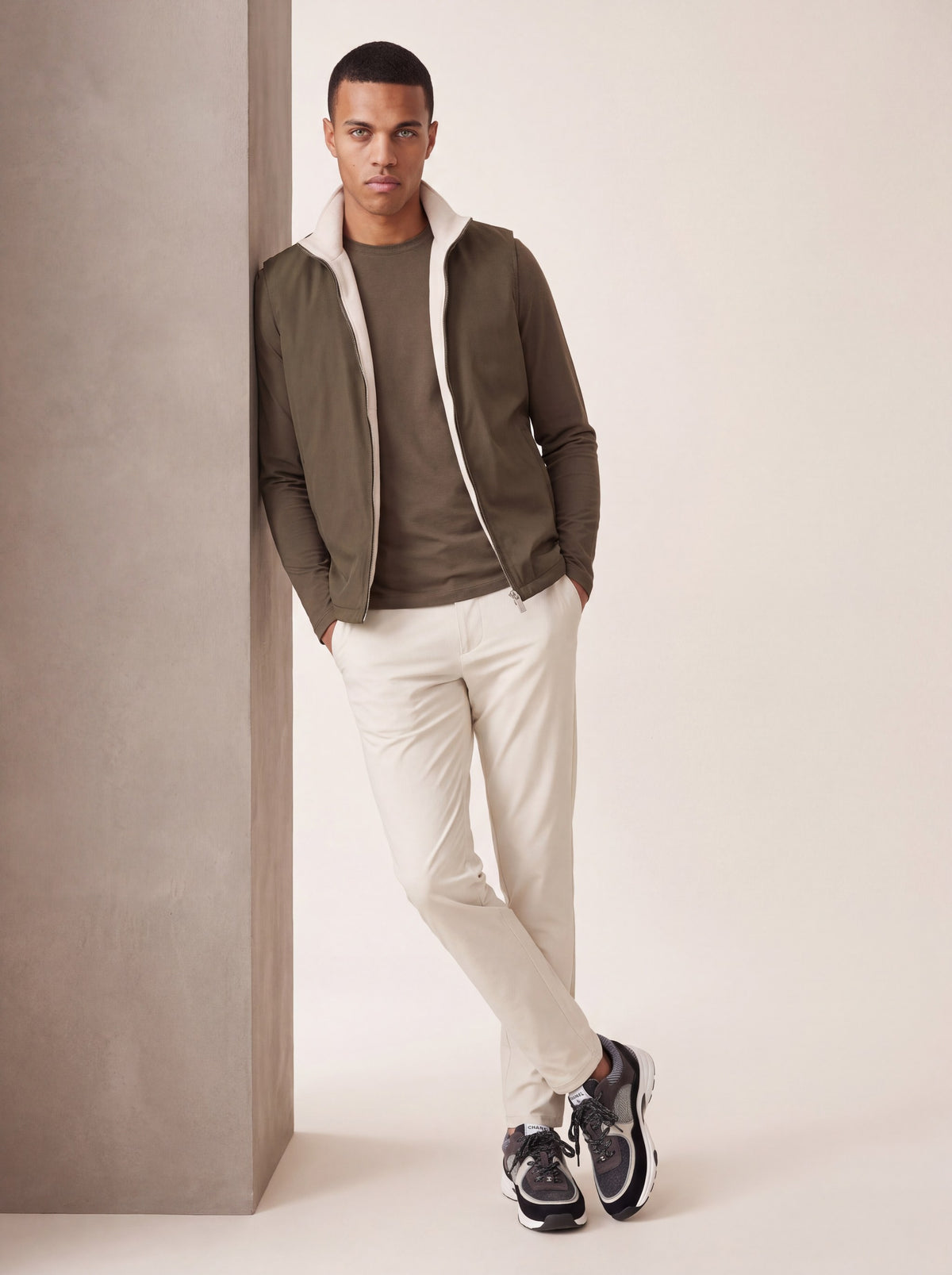 Ensemble Selvé réversible perle d'olive (t-shirt manches longues) — porté