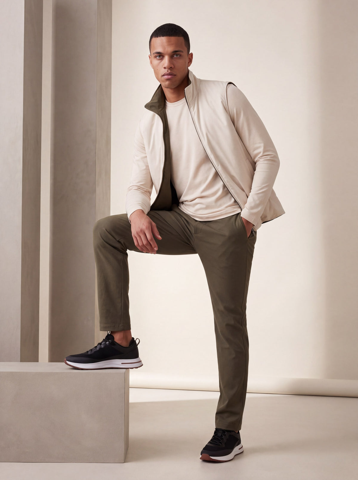 Ensemble Selvé réversible perle d'olive (t-shirt manches longues) — porté